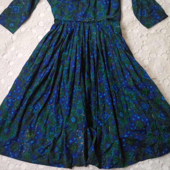 Vtg 50s 60s Midi Dress Fit Flare Blue Green Floral Shawl Collar Belted XS Women - Picture 2 of 7